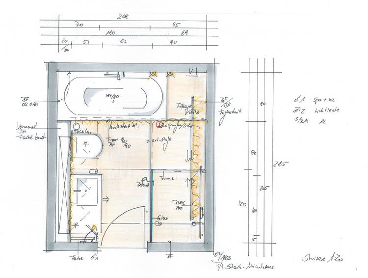 Grundrisszeichnung mit verschiedenen Maßangaben und Anmerkungen zur Raumaufteilung inkl. Badewanne und Fenstern.