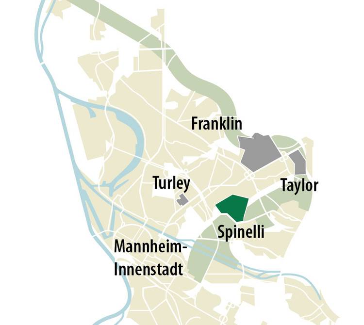 Karte mit hervorgehobenen Gebieten: Mannheim-Innenstadt, Spinelli, Turley, Franklin und Taylor mit Straßen und Wasserwegen.