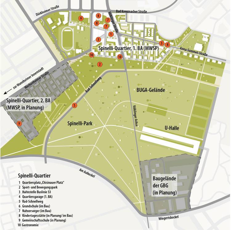 Karte des Spinelli Park-Gebiets mit detaillierten Angaben zu geplanten Entwicklungen und Orientierungspunkten sowie eingezeichneten Straßen und Baustellen.