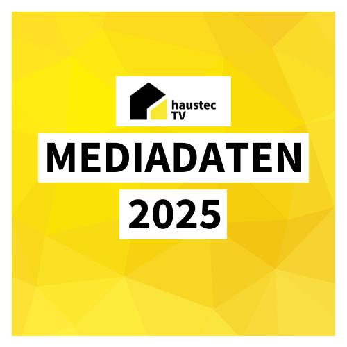 Gelber geometrischer Hintergrund mit dem Text „Haustec TV Mediadaten 2025“ in fetten schwarzen Buchstaben.