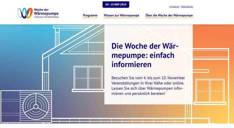 Illustration eines Hauses mit Veranstaltungsdetails für „Woche der Wärmepumpe“, 4.–10. November 2024, auf Deutsch.