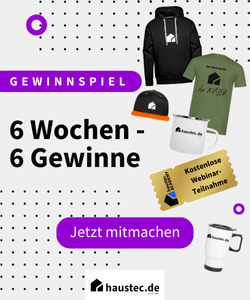 Alt-Text: "Werbekampagne mit Preisen für Fachleute in der Gebäudetechnikbranche, darunter Arbeitsbekleidung und Kaffeetassen. Schriftzug auf dem Bild: '6 Wochen - 6 Gewinne' und 'Jetzt mitmachen'. Ideal für Entscheider in Bereichen wie Sanitär-, Heizungs- und Klimatechnik .