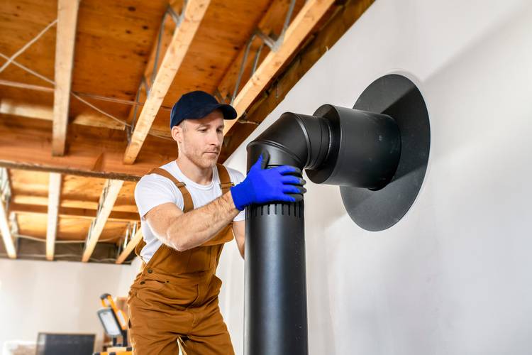 ALT-Text: "Fachhandwerker montiert eine Heizungsleitung durch eine Wand in einem Rohbau mit sichtbaren Holzbalken im Bereich der Gebäudetechnik.