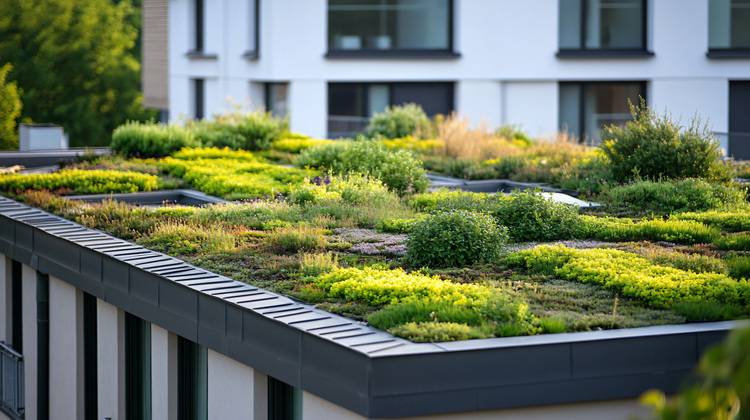 „Gründach mit vielfältiger Bepflanzung auf einem modernen Gebäude, im Kontext energieeffizienter Gebäudetechnik und nachhaltiger Baukonzepte für Architekten und TGA-Planer.“.